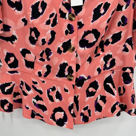 NWT TOPSHOP Pink Black Leopard Print Short Sleeve Button Front Blouse Size 8 M - Picture 3 of 6